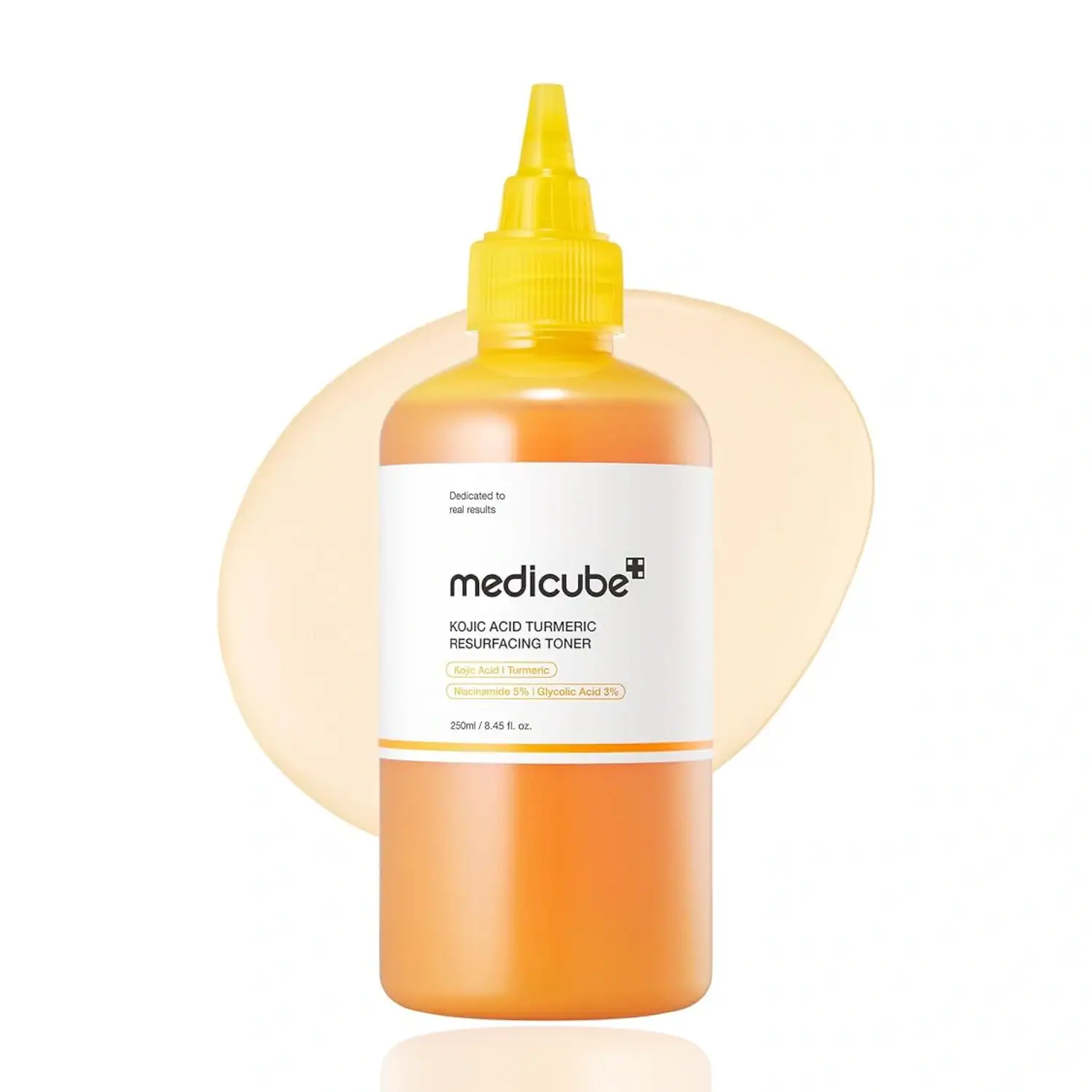 Medicube Kojic Acid Turmeric Resurfacing Toner 250ml bottle with a yellow twist-cap dispenser.