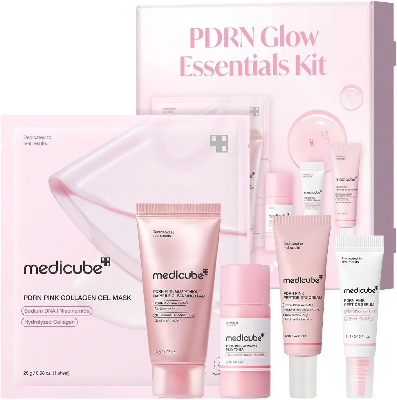 Medicube PDRN Glow Essentials Kit mini travel skincare set featuring a sheet mask, cleansing foam, milky toner, eye cream, and peptide serum.