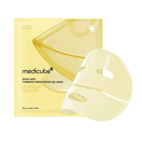 Medicube Kojic Acid Turmeric Brightening Gel Mask pouch with a yellow hydrogel sheet mask.