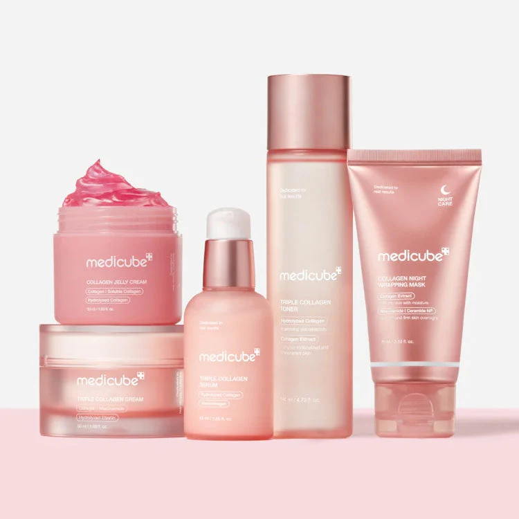 Medicube Pink Collagen Skincare Range featuring Collagen Jelly Cream, Toner, Serum, and Night Wrapping Mask for glowing skin.