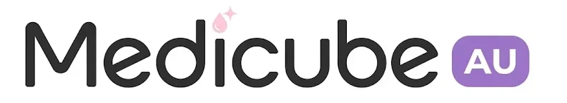 Medicube AU logo featuring clean dark typography with a pink drop and purple AU badge.
