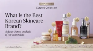 Curated display of top Korean skincare products featuring Medicube Red Foam Cleanser, Deep Vita C Ampoule, and Age-R Booster Pro against a pastel lavender background.