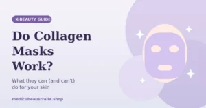 K-beauty guide banner titled "Do Collagen Masks Work?" featuring an illustration of a face wearing a sheet mask against a soft purple background.