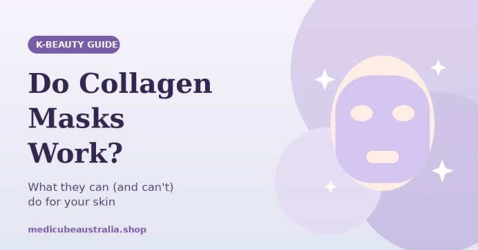 K-beauty guide banner titled "Do Collagen Masks Work?" featuring an illustration of a face wearing a sheet mask against a soft purple background.
