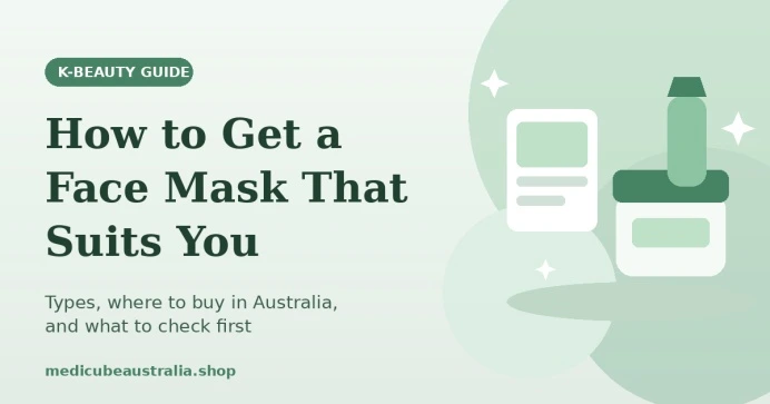K-beauty guide banner titled "How to Get a Face Mask That Suits You" featuring illustrated skincare product icons against a soft green background.