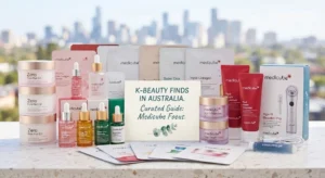 Arranged Medicube Korean skincare products, including Zero Pore Pads, serums, and an Age-R Booster Pro device, against a blurred Australian city background.