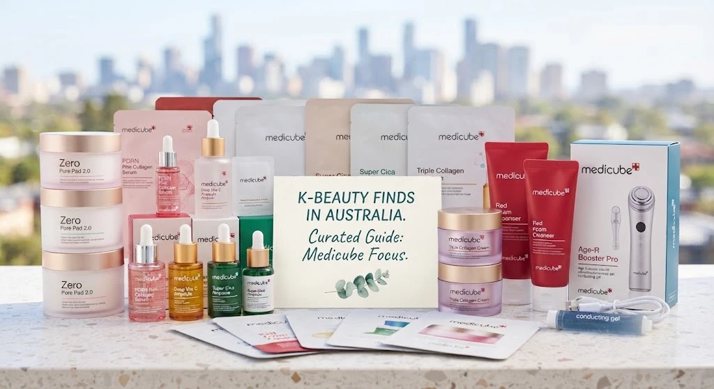Arranged Medicube Korean skincare products, including Zero Pore Pads, serums, and an Age-R Booster Pro device, against a blurred Australian city background.