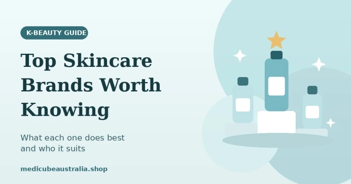 K-beauty guide banner titled "Top Skincare Brands Worth Knowing" featuring illustrated skincare bottles on podiums with a star against a soft teal background.