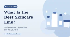K-beauty guide banner titled "What Is the Best Skincare Line?" featuring illustrated skincare bottles against a soft blue background.