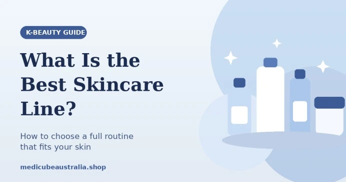 K-beauty guide banner titled "What Is the Best Skincare Line?" featuring illustrated skincare bottles against a soft blue background.