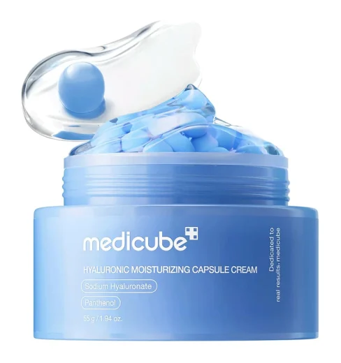 HYALURONIC MOISTURIZING CAPSULE CREAM 55g Medicube Hyaluronic Moisturizing Capsule Cream jar featuring blue moisture capsules suspended in clear gel.