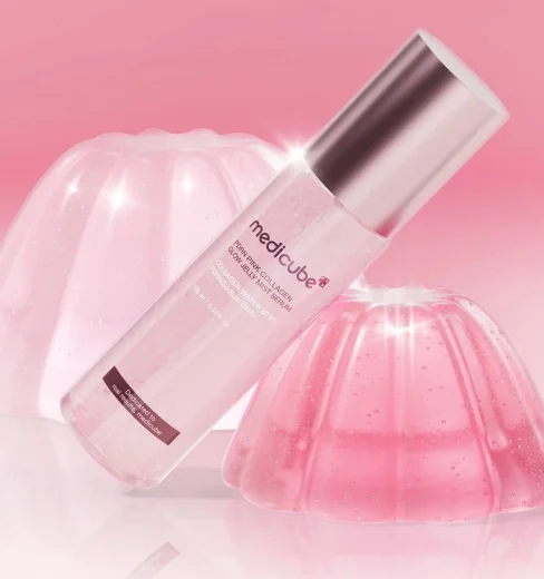 Medicube PDRN Pink Collagen Glow Jelly Mist Serum Medicube PDRN Pink Collagen Toner Serum bottle displayed with pink jelly aesthetic props