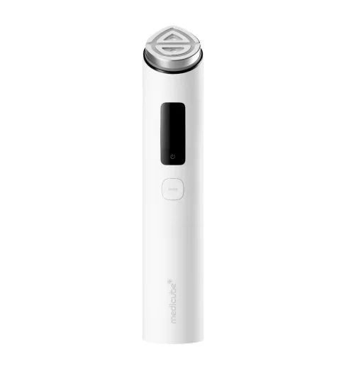 Medicube_Booster_Pro_White Medicube Age-R Booster Pro skin care device in white with a metallic treatment head and digital display window.