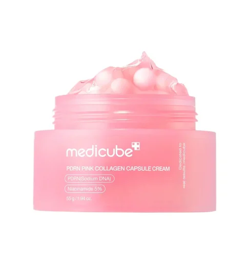 PDRN Pink Collagen Capsule Cream, 55g Medicube PDRN Pink Collagen Capsule Cream jar showing pink active capsules in a gel texture.
