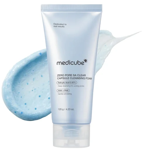 medicube Facial Cleanser Zero Pore Capsule Cleansing Foam Medicube Zero Pore One Day Clear Capsule Cleansing Foam blue tube with blue cleanser texture swatch