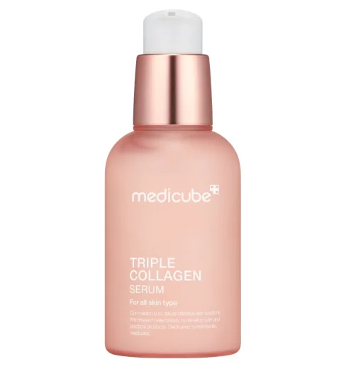 medicube-Triple-Collagen-Serum-4-0-55-ml Medicube Triple Collagen Serum 55 ml bottle with pink frosted glass and pump dispenser.
